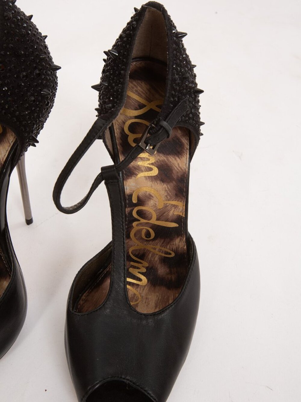 NWOB Sam Edelman Scarlett Black Leather Metal Stiletto Peep Toe Platform Pumps - Picture 5 of 7